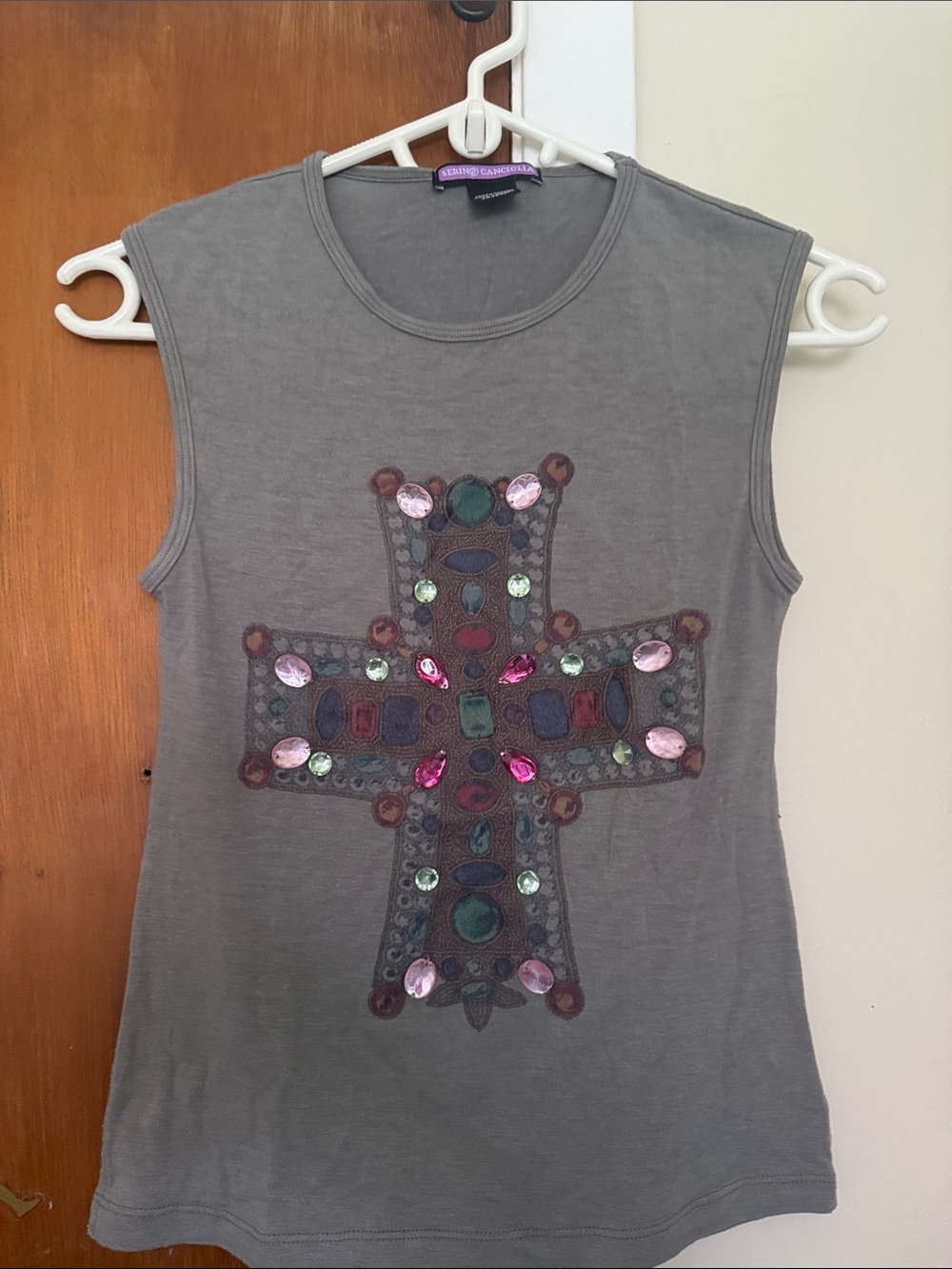 Vince Camuto Gray Sleeveless Jewel Cross Tank